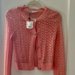 ZARA pink pointelle knit cardigan with rhinestone buttons. Size S. NWT